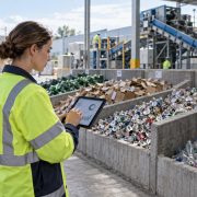 Responsable de sostenibilidad revisa datos en una planta de reciclaje