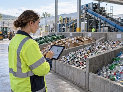 Responsable de sostenibilidad revisa datos en una planta de reciclaje