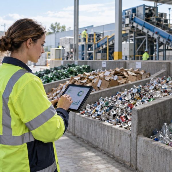 Responsable de sostenibilidad revisa datos en una planta de reciclaje