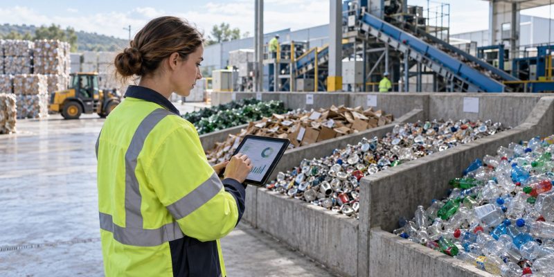 Responsable de sostenibilidad revisa datos en una planta de reciclaje