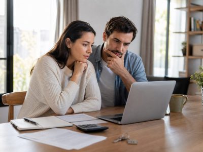 Pareja comparando escenarios hipotecarios en un ordenador antes de comprar una vivienda