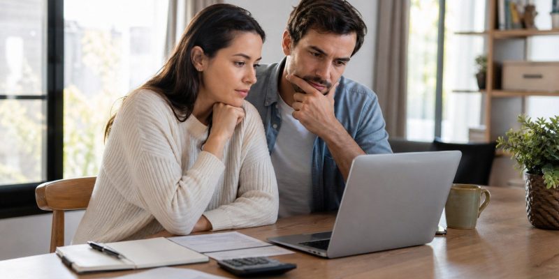Pareja comparando escenarios hipotecarios en un ordenador antes de comprar una vivienda