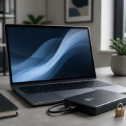 Portátil frente a una nube digital protegida por un candado y varias copias de archivos