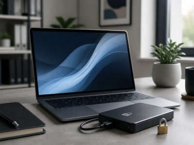 Portátil frente a una nube digital protegida por un candado y varias copias de archivos