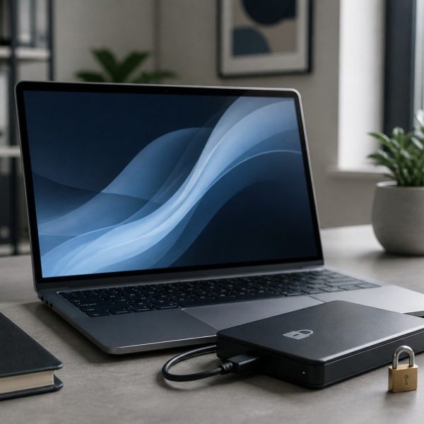 Portátil frente a una nube digital protegida por un candado y varias copias de archivos