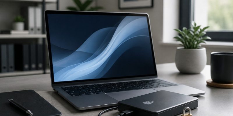 Portátil frente a una nube digital protegida por un candado y varias copias de archivos
