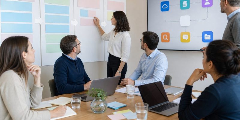 Consultores de software cloud analizan procesos e integraciones con un cliente