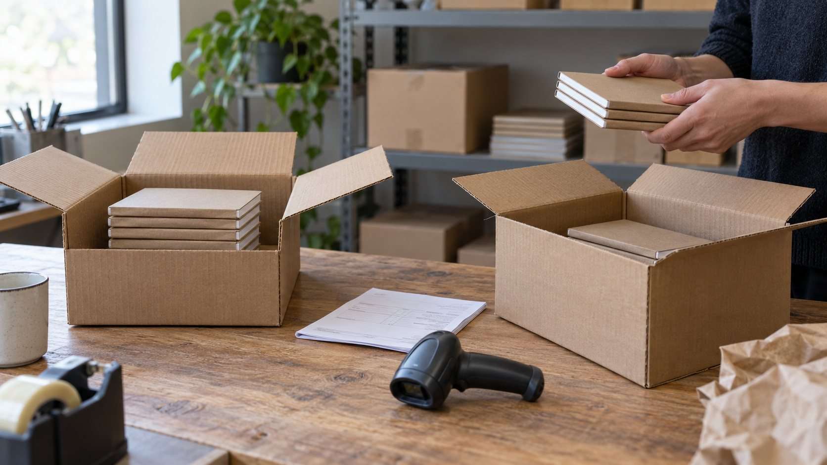 Preparación de un pedido dividido en dos cajas en una mesa de embalaje.